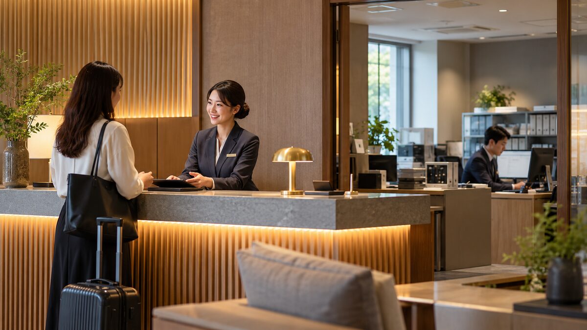 ホテルのフロントで宿泊客に対応するスタッフと、奥のバックオフィス